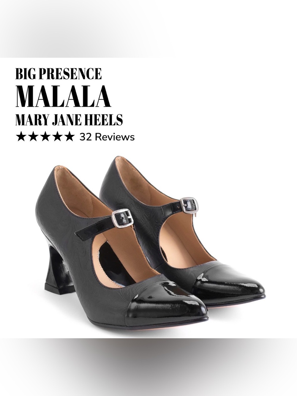 Fluevog LIKE NEW Big Presence Malala black leather embossed buckle heel -8.5